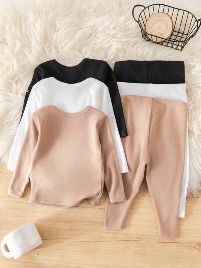 SHEIN 6 قطعة/مجموعة ملابس داخلية للأطفال الصبيان قاعدة طبقة، ملابس علوية رقبة دائرية أكمام طويلة وبنطلون، لون أحادي، فائق اللين والود للبشرة، بدلة نوم