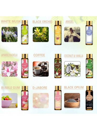 مجموعة زيوت العطور فاتويل 9 قطع بحجم 10مل/0.33 أونصة سائلة، مجموعة زيوت عطرية أساسية لصناعة الصابون والشموع ومبخرات الهواء ومرطبات الجو، للعطور العلاجية - جوز الهند وفانيليا/ العنبر الأبيض/ القهوة/ علكة الفقاعات/ديور/ ملاك/ نرجس أسود/ مغنوليا