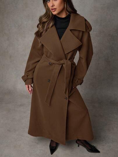 SHEIN BAE معطف طويل للنساء بأكمام طويلة وأزرار أمامية بسيطة، معطف صوفي طويل كاجوال للاستخدام اليومي، دافئ وسميك للارتداء في فصل الشتاء، بتصميم مفرغ مناسب لحفلات وعيد الهالوين والكريسماس وفصل الخريف