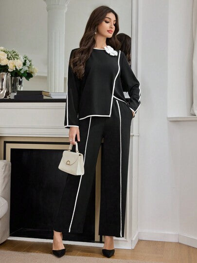 Modelyn مجموعة ملابس علوية وبنطلون من قطعتين مزينان بزخارف ورود ثلاثية الأبعاد وحواف متباينة، أنيق وبسيط
