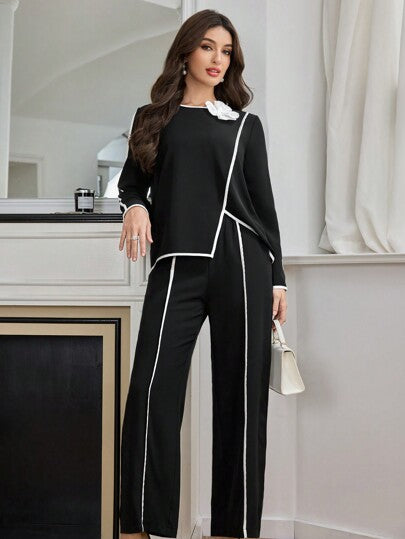 Modelyn مجموعة ملابس علوية وبنطلون من قطعتين مزينان بزخارف ورود ثلاثية الأبعاد وحواف متباينة، أنيق وبسيط