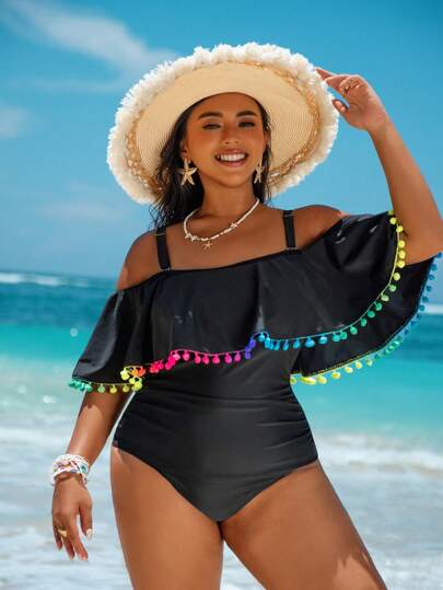 Swim Vcay فستان يناسب مقاسات كبيرة من قطعة واحدة بتفاصيل شراريب ملونة، طراز بسيط عصري، مناسب للارتداء اليومي الصيفي