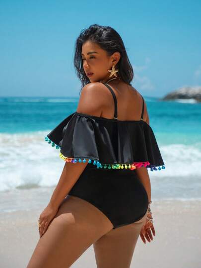 Swim Vcay فستان يناسب مقاسات كبيرة من قطعة واحدة بتفاصيل شراريب ملونة، طراز بسيط عصري، مناسب للارتداء اليومي الصيفي