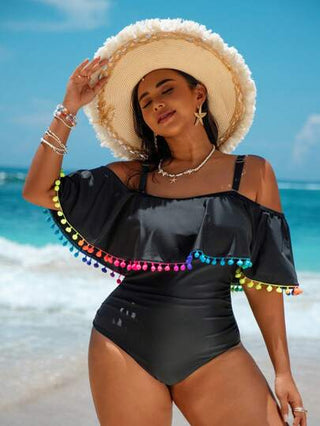 Swim Vcay فستان يناسب مقاسات كبيرة من قطعة واحدة بتفاصيل شراريب ملونة، طراز بسيط عصري، مناسب للارتداء اليومي الصيفي