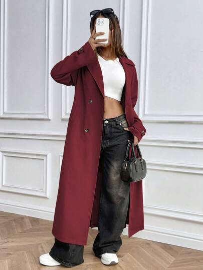 EMERY ROSE معطف ترينش طويل الأكمام مزود بجيوب وحزام للنساء، بلون أحادي مزدوج الصدر، للاستخدام اليومي، مناسب لملابس رأس السنة الجديدة