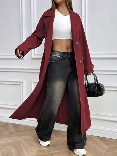 EMERY ROSE معطف ترينش طويل الأكمام مزود بجيوب وحزام للنساء، بلون أحادي مزدوج الصدر، للاستخدام اليومي، مناسب لملابس رأس السنة الجديدة
