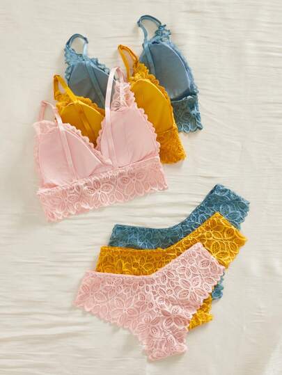 Shein Underwear&Sleepwear Basics 3 أزواج من ملابس داخلية نسائية داكنة اللون ذات تصميم بسيط مع تطريز دانتيل