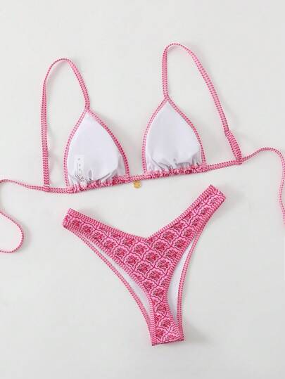 Swim Mod طقم بكيني للنساء مزخرف بطبعة زهور عشوائية وأربطة رفيعة مثيرة، للصيف