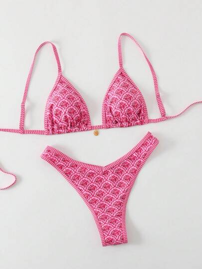 Swim Mod طقم بكيني للنساء مزخرف بطبعة زهور عشوائية وأربطة رفيعة مثيرة، للصيف