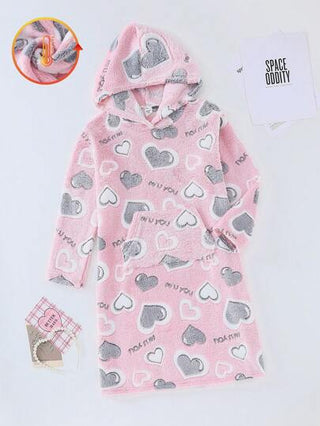 بيجاما بيجامة نوم فتيات من نمط قلب كبير الحجم بجيب كنغر دافئ، خريف/شتاء