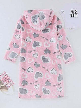 بيجاما بيجامة نوم فتيات من نمط قلب كبير الحجم بجيب كنغر دافئ، خريف/شتاء