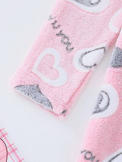 بيجاما بيجامة نوم فتيات من نمط قلب كبير الحجم بجيب كنغر دافئ، خريف/شتاء