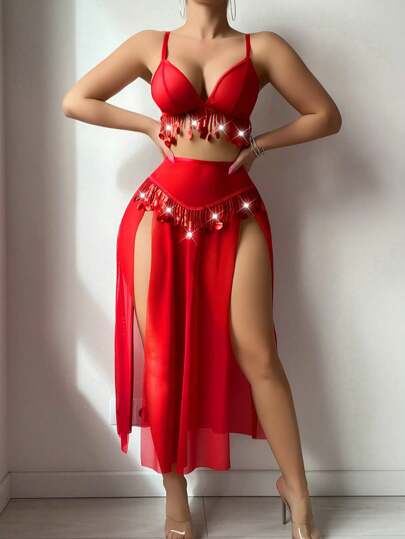 MidnightGlam مجموعة مكونة من 3 قطع مزينة بالراين ستون: ملابس علوية ملابس داخلية، سروال جي-سترينج، تنورة ماكسي ذات شق عالٍ، لحفلة عيد الحب