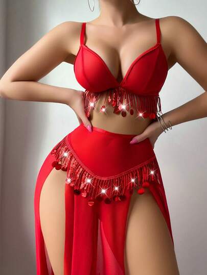 MidnightGlam مجموعة مكونة من 3 قطع مزينة بالراين ستون: ملابس علوية ملابس داخلية، سروال جي-سترينج، تنورة ماكسي ذات شق عالٍ، لحفلة عيد الحب