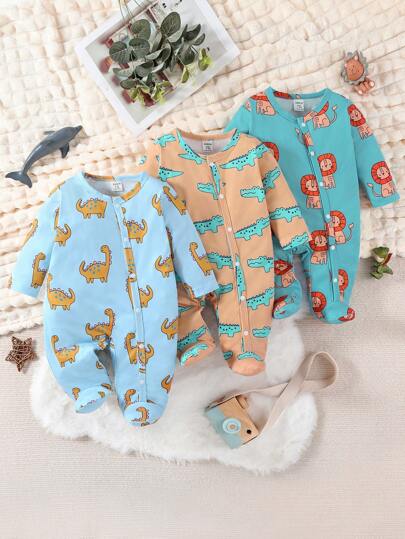 3 قطع حلل قصيرة للأطفال الرضع بطبعات أنيقة لحيوانات الأسد والديناصور والتمساح، كم طويل متكاملة مريحة