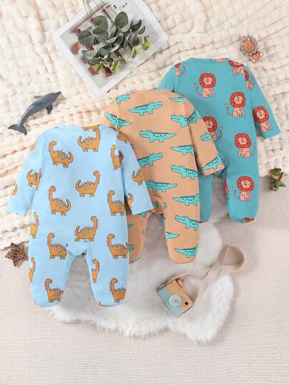 3 قطع حلل قصيرة للأطفال الرضع بطبعات أنيقة لحيوانات الأسد والديناصور والتمساح، كم طويل متكاملة مريحة