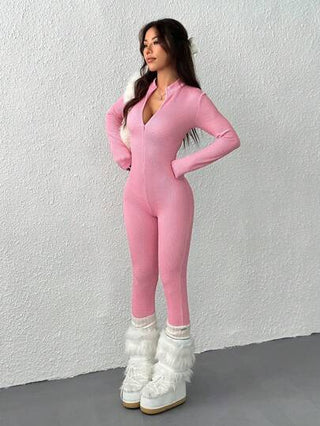 EZwear جمبسوت نسائية لون سادة بسحاب أمامي، أكمام طويلة، قصيرة ضيقة للاستخدام اليومي