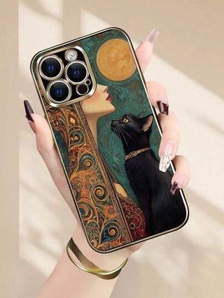 1قطعة غلاف هاتف محمول بتصميم قطة وفتاة، أنيق أنيق باللون الأسود سهل الإمساك، واقي كامل وناعم متوافق مع أجهزة أبل، هدية رائعة لأصدقائك وعائلتك، نفسك، ، عيد الميلاد، رأس السنة الجديدة