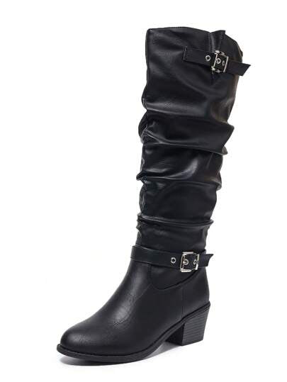 بوت جلد البولي يوريثان سوداء بتصميم أنبوبي برباط جانبي، وزخرفة بسلسلة وإبزيم، وكعب مربع، أنيقة ومريحة للتنقل، بوت شتوية موضة للمرأة