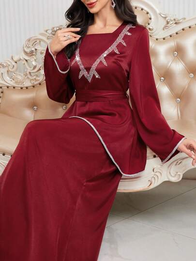 Modelyn فستان سهرة طويل للنساء مزين بالراين كرستال لون بنفسجي داكن، ملابس نسائية فاخرة