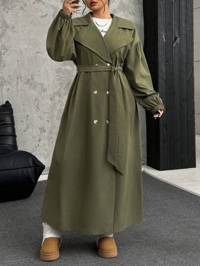 SHEIN EZwear معطف تنفيذي أخضر زيتوني طويل بياقة عريضة وأكمام طويلة