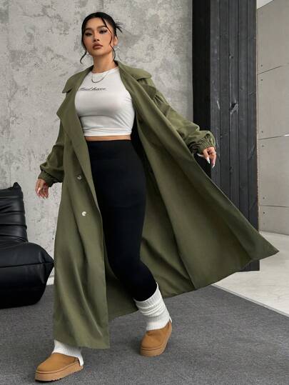 SHEIN EZwear معطف تنفيذي أخضر زيتوني طويل بياقة عريضة وأكمام طويلة