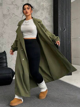 SHEIN EZwear معطف تنفيذي أخضر زيتوني طويل بياقة عريضة وأكمام طويلة