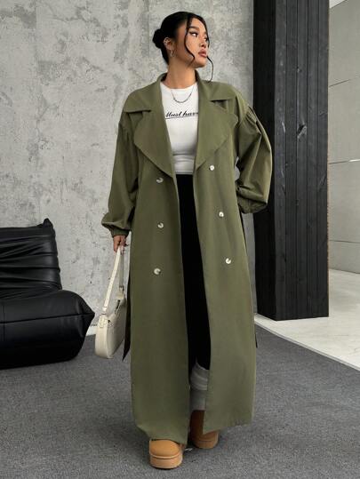 SHEIN EZwear معطف تنفيذي أخضر زيتوني طويل بياقة عريضة وأكمام طويلة