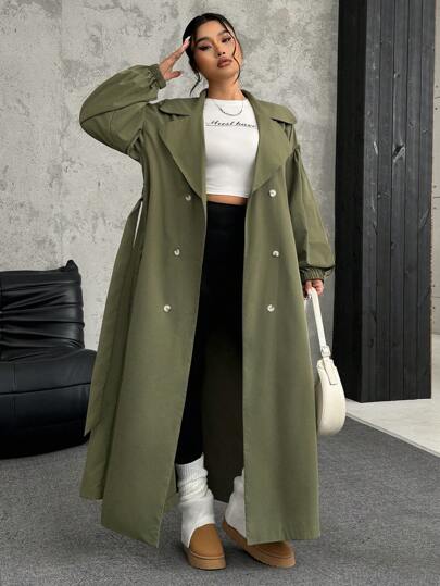 SHEIN EZwear معطف تنفيذي أخضر زيتوني طويل بياقة عريضة وأكمام طويلة