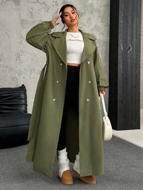 SHEIN EZwear معطف تنفيذي أخضر زيتوني طويل بياقة عريضة وأكمام طويلة