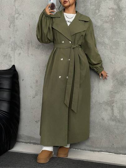 SHEIN EZwear معطف تنفيذي أخضر زيتوني طويل بياقة عريضة وأكمام طويلة