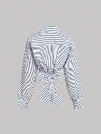 SHEIN MOD قميص طويل الأكمام مع تصميم متقاطع وعقدة الفراشة في الخلف، بتصميم غير متماثل ومخطط، مناسب للنساء في ، كاوجيرل