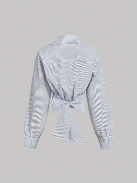 SHEIN MOD قميص طويل الأكمام مع تصميم متقاطع وعقدة الفراشة في الخلف، بتصميم غير متماثل ومخطط، مناسب للنساء في ، كاوجيرل