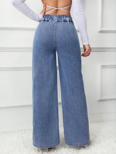 SHEIN Tall سراويل جينز نسائية طويلة طويلة بقصة واسعة فضفاضة ذات خصر مرتفع، بنمط أزرق مستقيم