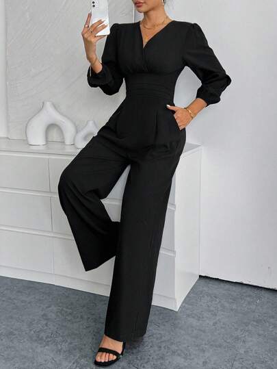 SHEIN PETITE بدلة رشيقة أنيقة بياقة على شكل حرف V ووسط مصمم للنساء بلون أحادي