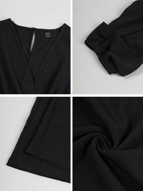SHEIN PETITE بدلة رشيقة أنيقة بياقة على شكل حرف V ووسط مصمم للنساء بلون أحادي