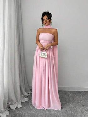 Selianne فستان طويل أنيق للنساء بقصة ماكسي بدون أكمام ولون واحد مع تفاصيل طيات، قطعة واحدة