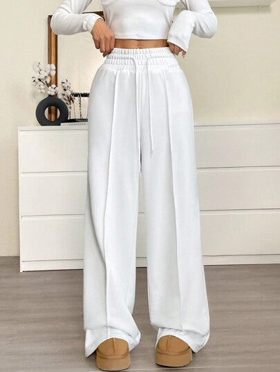 SHEIN EZwear بنطلون رياضي فضفاض واسع الساق منسوج بخصر قابل للسحب للنساء باللون الموحد