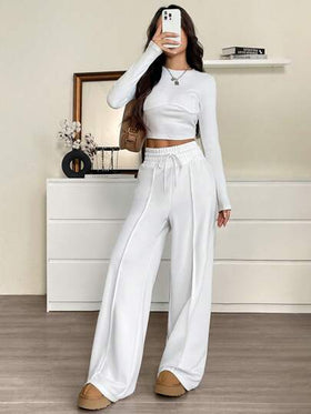SHEIN EZwear بنطلون رياضي فضفاض واسع الساق منسوج بخصر قابل للسحب للنساء باللون الموحد