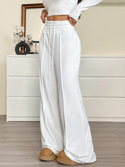 SHEIN EZwear بنطلون رياضي فضفاض واسع الساق منسوج بخصر قابل للسحب للنساء باللون الموحد