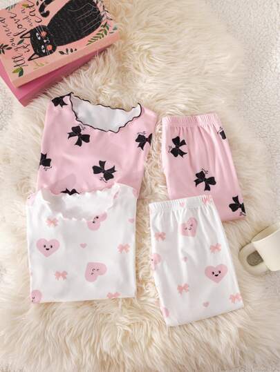 SHEIN طقم بيجاما كاجوال مريح من 4 قطع للفتيات المراهقات، ملابس علوية أكمام طويلة، رقبة طاقم، بطبعات قلب وكشكشة, مع بنطال