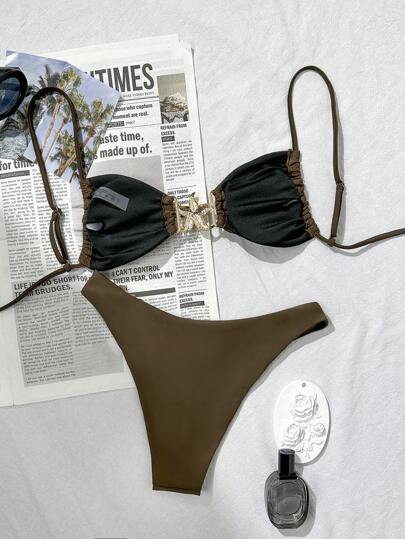 Swim Mod طقم بيكيني للنساء بحمالات رفيعة وقاع مثلث قياسي، سلسلة للعطلات، زخرفة نجمية مثيرة، صيفي