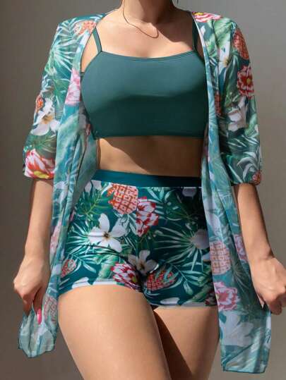 SHEIN Swim ملابس سباحة من السترة الراكبة بلون واحد والشورت المطبع بالزهور وغطاء صيفي للمرأة