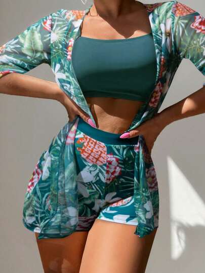 SHEIN Swim ملابس سباحة من السترة الراكبة بلون واحد والشورت المطبع بالزهور وغطاء صيفي للمرأة