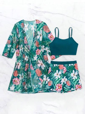SHEIN Swim ملابس سباحة من السترة الراكبة بلون واحد والشورت المطبع بالزهور وغطاء صيفي للمرأة