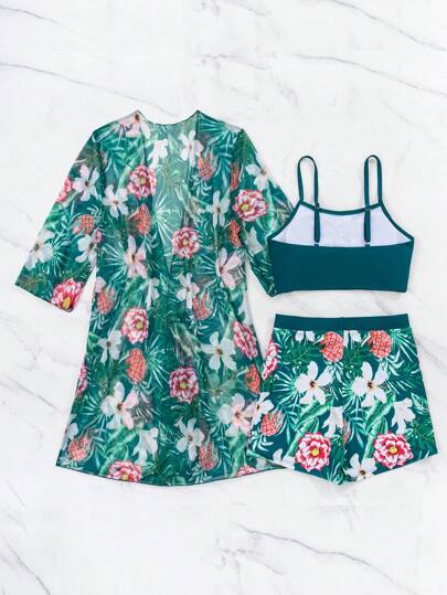 SHEIN Swim ملابس سباحة من السترة الراكبة بلون واحد والشورت المطبع بالزهور وغطاء صيفي للمرأة
