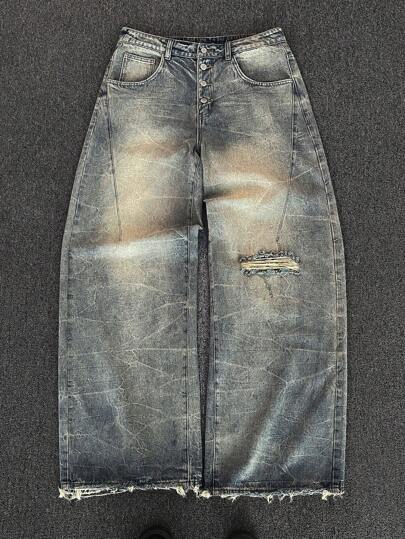 Manfinity Denimwave جينز رجالي واسع الساق بتأثير مغسول مع توسع في الأسفل ، جينز ممزق ملزبل أزرق داكن طويل للرجال ، هدية للزوج والحبيب
