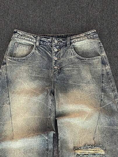Manfinity Denimwave جينز رجالي واسع الساق بتأثير مغسول مع توسع في الأسفل ، جينز ممزق ملزبل أزرق داكن طويل للرجال ، هدية للزوج والحبيب