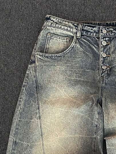 Manfinity Denimwave جينز رجالي واسع الساق بتأثير مغسول مع توسع في الأسفل ، جينز ممزق ملزبل أزرق داكن طويل للرجال ، هدية للزوج والحبيب