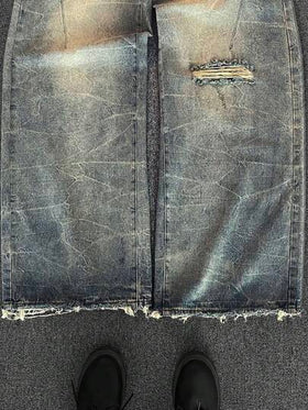 Manfinity Denimwave جينز رجالي واسع الساق بتأثير مغسول مع توسع في الأسفل ، جينز ممزق ملزبل أزرق داكن طويل للرجال ، هدية للزوج والحبيب